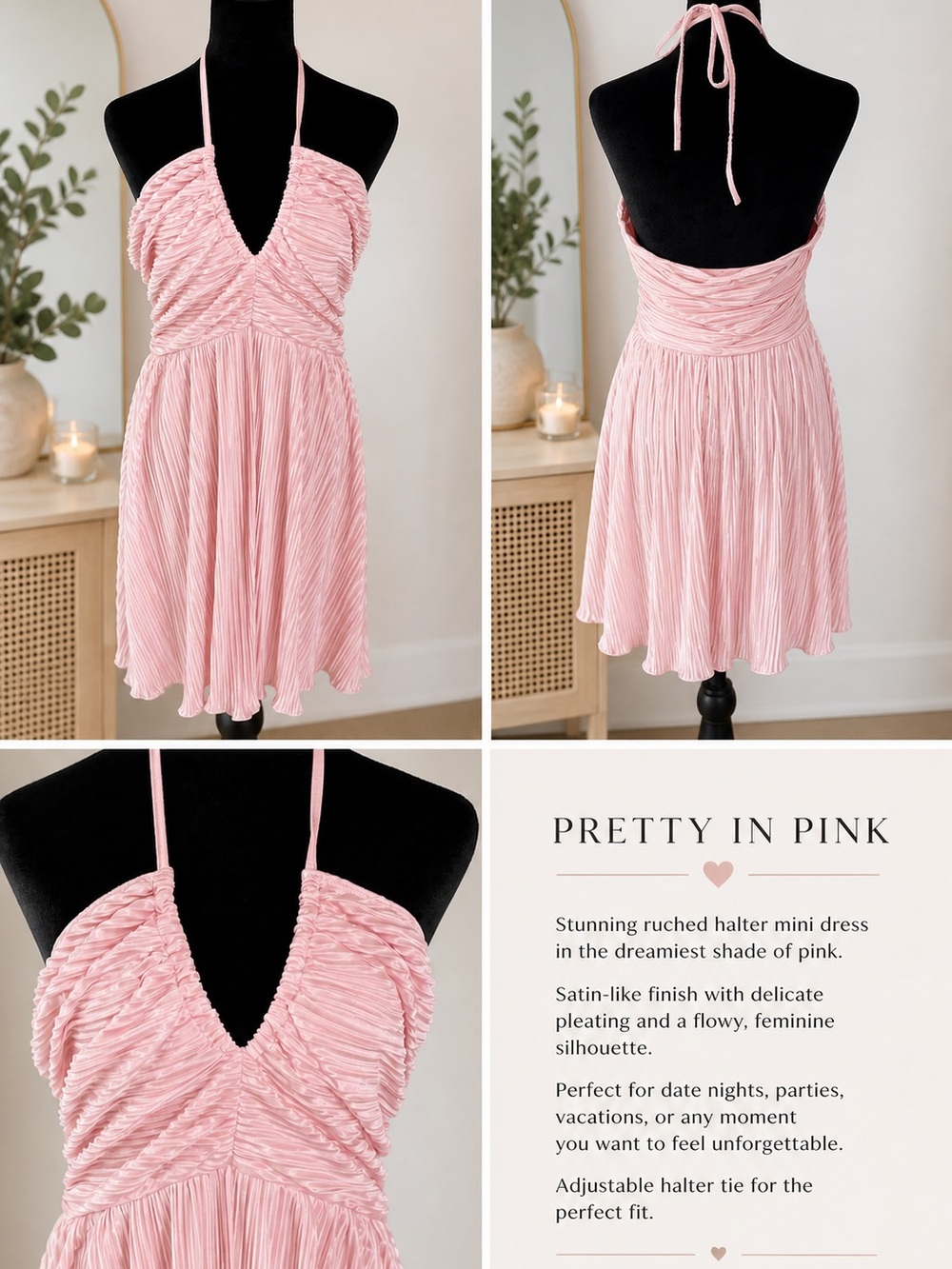 Pink Ruched Halter Mini Dress